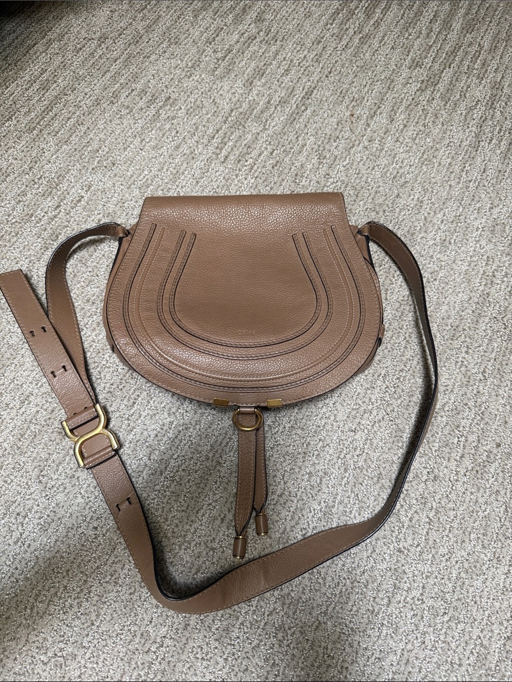 Chloe Brown Pebbled Leather Saddle Crossbody with Gold Accents
